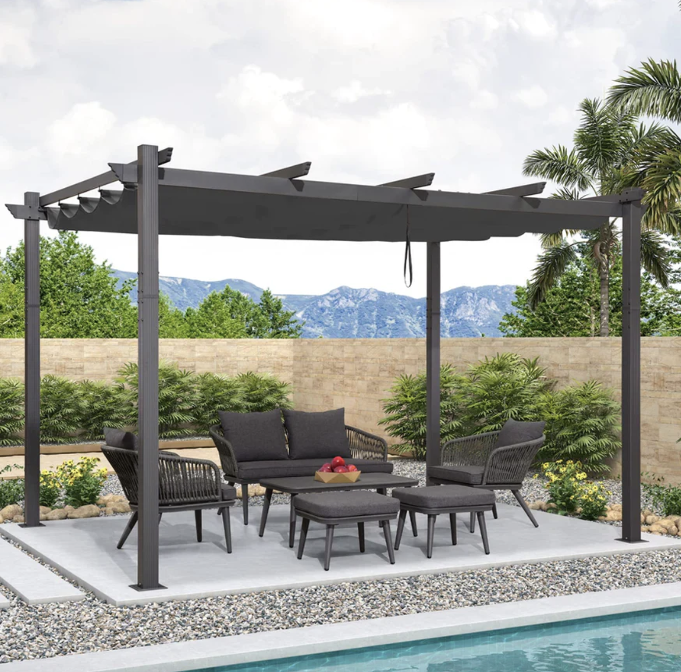 Purple leaf pergola with canopy by pool